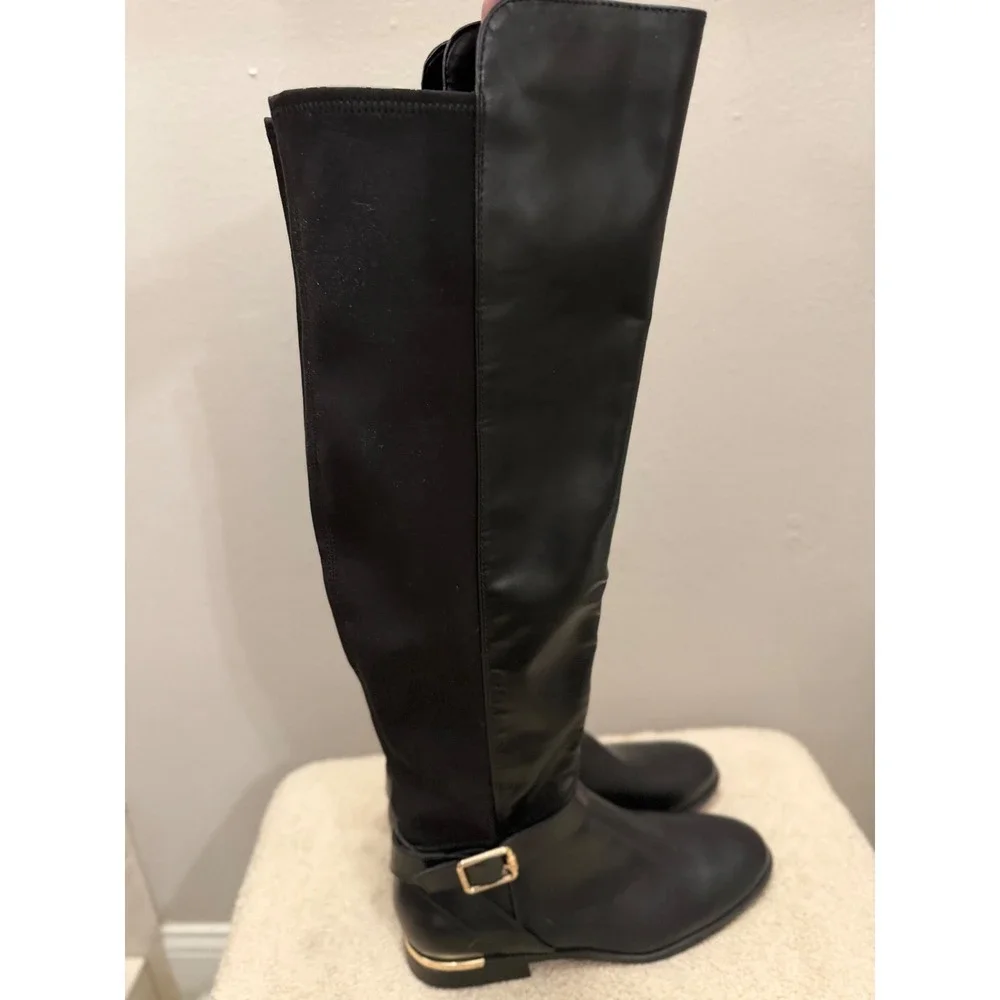 Nine Andone West Black Over The Knee Boots Gold Buckle Stretch Minimalist 9.5